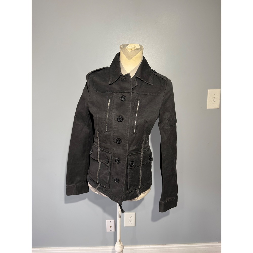 Marc Jacobs Womens Black Military Field Jacket Frayed Trim Utility Coat Size 4